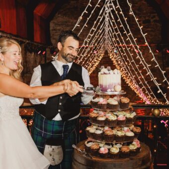 Cake Cutting for a Newly-Married Couple at The Caves, Edinburgh, with Additional Canopy Lighting.
