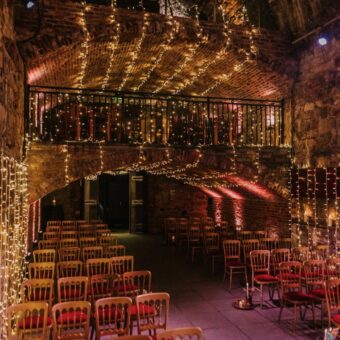 Wedding Ceremony Set-Up at The Caves, Edinburgh, with Additional Fairy Lights.